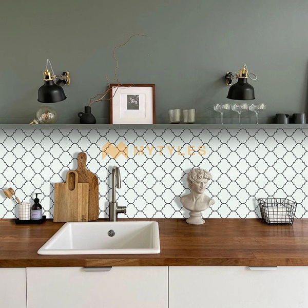 Geometric Ceramic White Kitchen Wall Tile Design Glossy Finish and ...