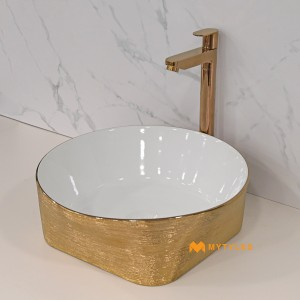 undefined-Ceramic White and Gold Designer Wash Basin Code33569 (400x400mm, Metallic)