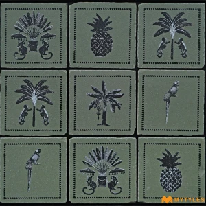 undefined-Vintage Green Tropical Motif Vitrified Wall Tile Code39923 97x97mm 42Pc Pack