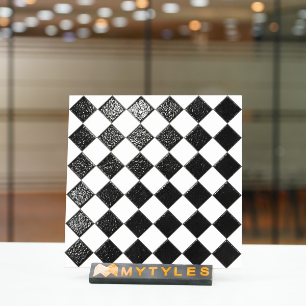 Carpet Rangoli Tiles-White and Black Carpet Design Floor and Wall Tile Code32253C (300x300mm, Matt)
