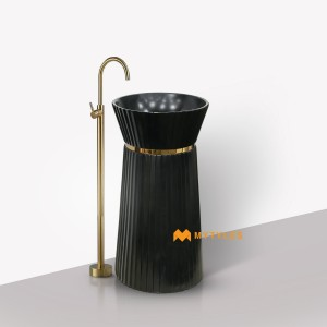 undefined-Artificial Stone Black Pedestal Wash Basin Code35280 (450x450x860mm, Metallic)