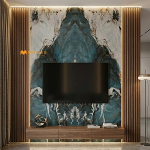 undefined-Pacific Blue Bookmatch Marble Look Vitrified Slab Tile Code38720AB