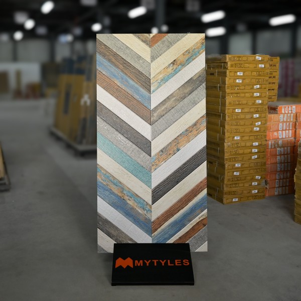 Glazed Vitrified-Vitrified Gray Chevron Pattern Floor and Wall Tile Code31269 (600x1200mm, Matt)