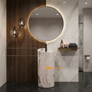 undefined-Luxury Brown Travertine-Look Glossy Pedestal Wash Basin Code40503