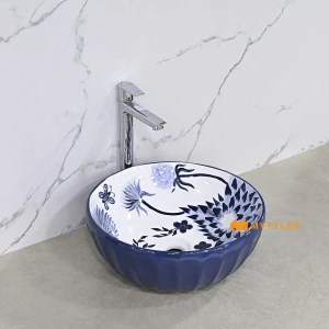 undefined-Indigo Sumie Abstract Glossy Blue Ceramic Table Top Wash Basin Code39480