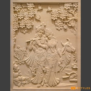 undefined-Teak Sandstone Radhakrishna Mural Code35791 (3x4 Feet Stone)-MYTMU055