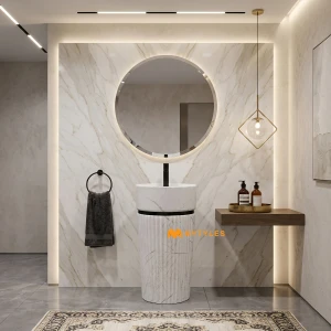 undefined-Statuario White Marble-Look Fluted Matt Pedestal Wash Basin Code40505