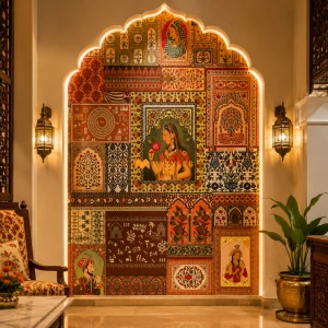 undefined-Multi Color Mughal Mural Wall Tile Code31924 (4x6Feet, Glossy/Matt,3Pcs)