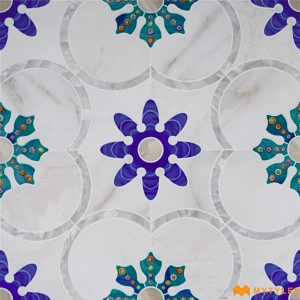undefined-White Marble Teal Rosette Inlay Satin Ceramic Moroccan Tile Code40407 300x300mm