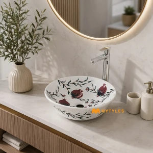 undefined-Persian Ruby Pomegranate Glossy White Ceramic Table Top Wash Basin Code38845