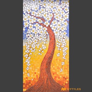 undefined-Vitrified Red and White Tree Mosaic Wall Tile Code35411 (4x8 Feet, Sugar)