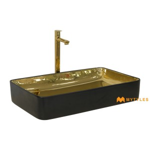 undefined-Imported Ceramic Black and Gold Wash Basin Code32087 (605x350x110mm, Metallic)