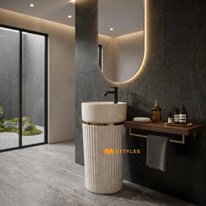 undefined-Warm Cream Reeded Glossy Pedestal Wash Basin Code40506