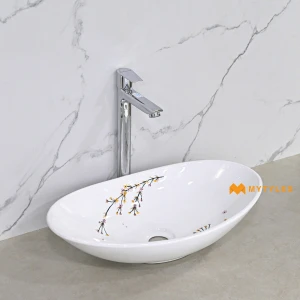 undefined-Zen Blossom Asymmetric Glossy White Ceramic Table Top Wash Basin Code39476