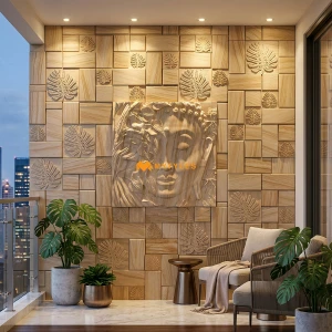 undefined-Teak Sandstone Buddha Mural Code12472 (3x3 Feet, 50mm Thickness)