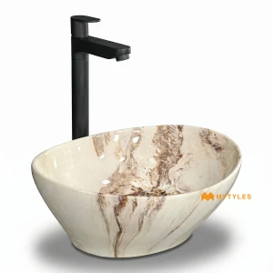 undefined-Ceramic Marble Finish Cream Wash Basin Code31900 (325x400mm, Glossy)