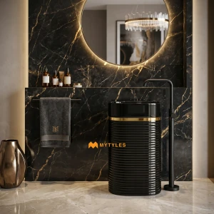 undefined-Glossy Black Horizontal Ribbed Pedestal Wash Basin Code39623