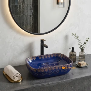 undefined-Royal Blue Gold Mandala Printed Glossy Ceramic Table Top Wash Basin Code40524