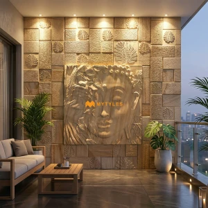 undefined-Teak Sandstone Buddha Mural Code12472 (3x3 Feet, 50mm Thickness)