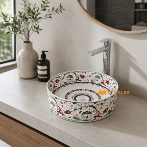undefined-Moorish Mandala Geometric Glossy Red Ceramic Table Top Wash Basin Code39478