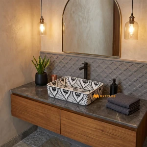 undefined-Monochrome Mandala Printed Matt Ceramic Table Top Wash Basin Code40415