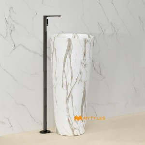 undefined-Ceramic White Pedestal Wash Basin Code35286 (375x375x800mm, Matt)