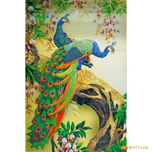 undefined-Peacock With Flowers Poster Wall Tile Code31371 (4x6ft, Glossy, 3Pcs)