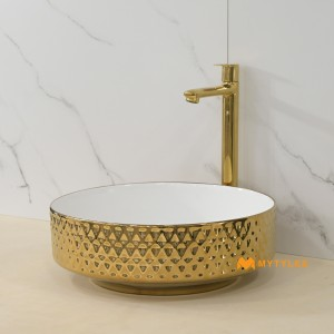 undefined-Ceramic White and Gold Table Top Wash Basin Code34967 (375x375x130mm, Glossy)
