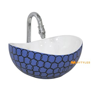 undefined-Ceramic Blue and White Wash Basin Code16347 (420x320x175mm, Glossy)