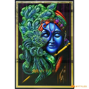 undefined-Blue with Green Peacock Krishna Poster Wall Tile Code32590 (4x6 Feet, Glossy)