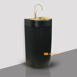 undefined-Ceramic Black and Gold Pedestal Wash Basin Code35277 (390x360x830mm, Metallic)