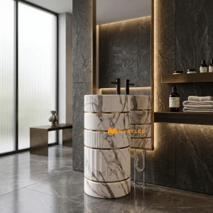undefined-Cream Calacatta-Print Segmented Glossy Pedestal Wash Basin Code40511