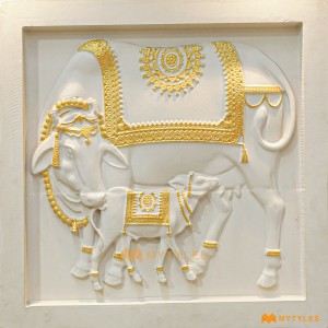 undefined-Natural Mint Stone Kamadhenu Mural Code29082 (600x600mm, MInt Stone)