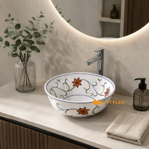 undefined-Talavera Marigold Glossy White Ceramic Table Top Wash Basin Code38839