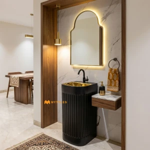 undefined-Ceramic Black and Gold Pedestal Wash Basin Code35277 (390x360x830mm, Metallic)