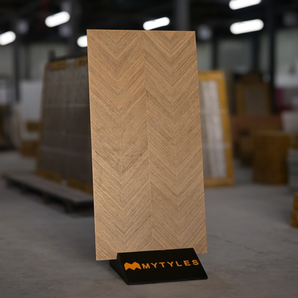 Wooden Floor Tiles-Vitrified Brown Chevron Pattern Floor and Wall Tile Code25008 (600x1200mm, Matt)