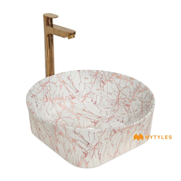 Ceramic Table Top Basin-Ceramic White Marble Finish Wash Basin Code33568 (400x400mm, Matt)
