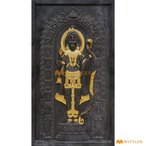 undefined-Black Stone Ram Lalla Mural With Golden Paint Code28079 (4x6 Feet, Stone)