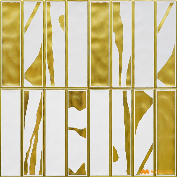 Kitchen-Ceramic White and Gold Subway Wall Tile Code28891 (300x300mm, Metallic)