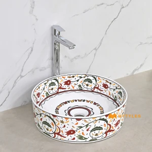 undefined-Moorish Mandala Geometric Glossy Red Ceramic Table Top Wash Basin Code39478