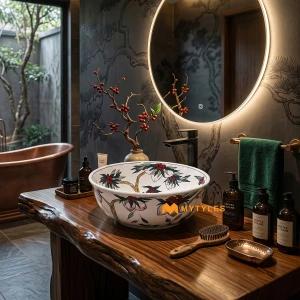 undefined-Vedic Flora White Glossy Ceramic Table Top Wash Basin Code39971