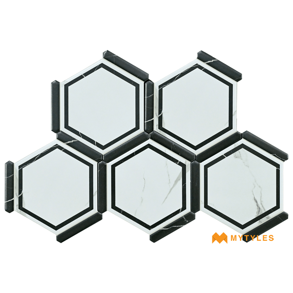 Hexagon Tiles-Imported White and Black Hexagon Tile Code25215 (220x250mm, Matt)