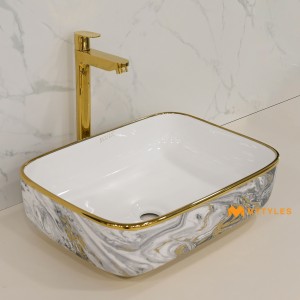 undefined-Ceramic White and Gold Designer Wash Basin Code33576 (325x450mm, Metallic)