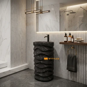 undefined-Black Marquina Marble-Look Tiered Ruffle Matt Pedestal Wash Basin Code40508