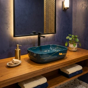 undefined-Peacock Blue Marble Effect Glossy Ceramic Table Top Wash Basin Code40528