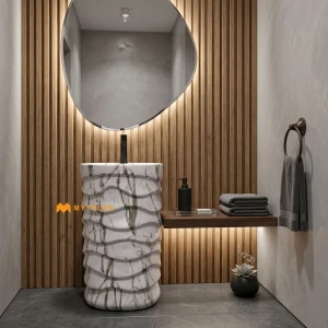 undefined-White Marble-Look Tiered Ruffle Cylindrical Glossy Pedestal Wash Basin Code40507