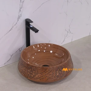 undefined-Caramel Brown Relic Glossy Ceramic Table Top Wash Basin Code38848