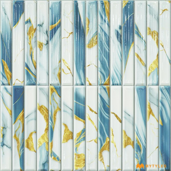 Geometric Tiles-Ceramic White and Blue Kitkat Wall Tile Code31380 (300x300mm, Glossy)