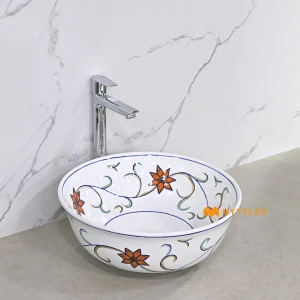 undefined-Talavera Marigold Glossy White Ceramic Table Top Wash Basin Code38839