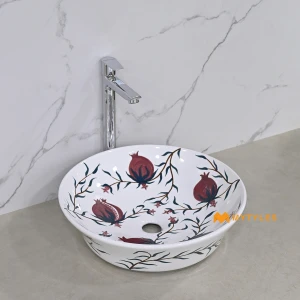 undefined-Persian Ruby Pomegranate Glossy White Ceramic Table Top Wash Basin Code38845